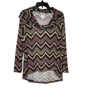 Ivy Jane Women Top Boho Chevron Longsleeve Cowl Neck Hi-Lo Hem Multicolor Medium
